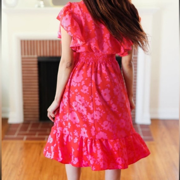 NEW Remember Me Red & Pink Floral Print Smocked Waist Midi Dress - Picture 8 of 14